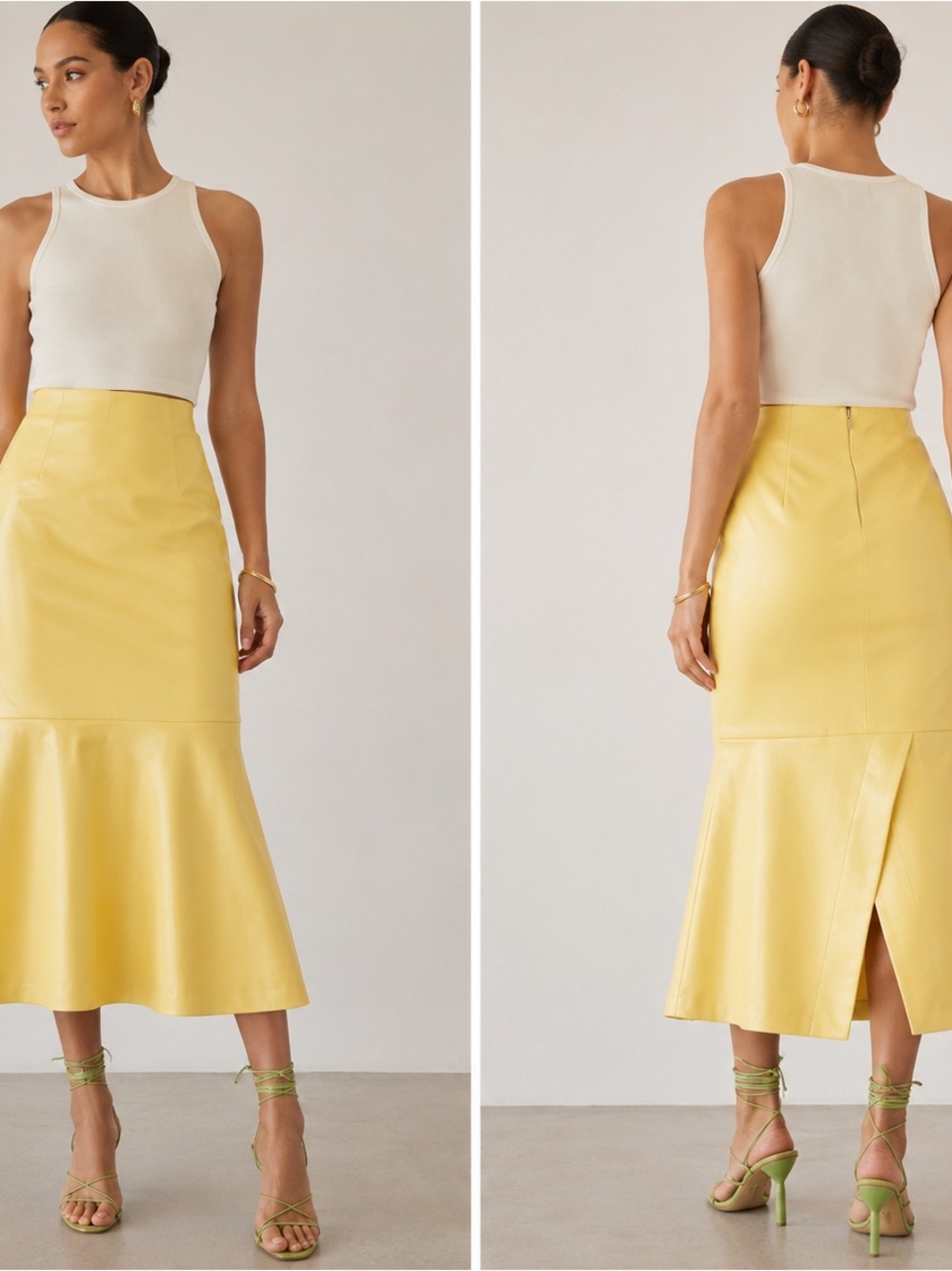 STAUD Laurel Yellow Vegan Leather Mermaid Midi Skirt Women Size 4